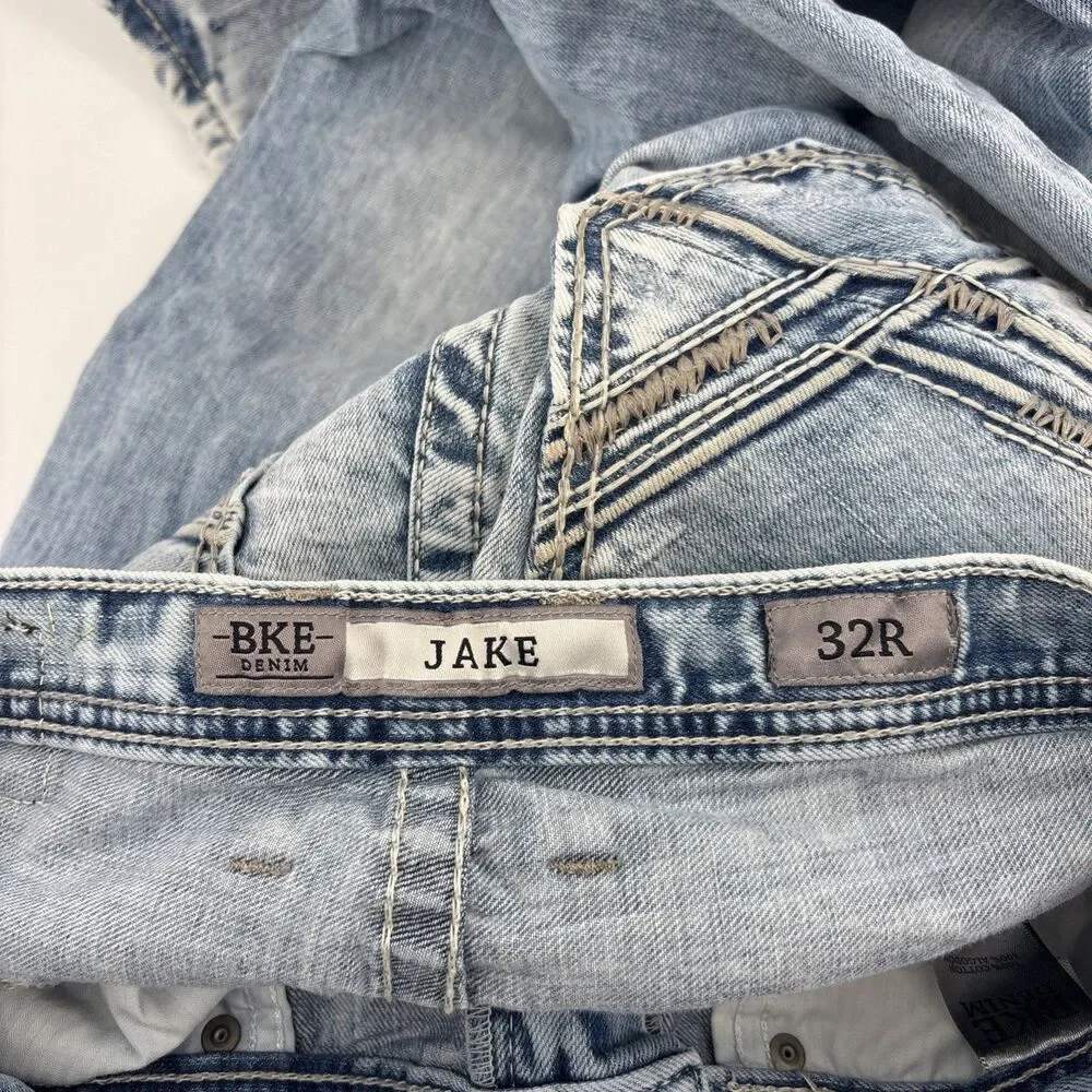 BKE Mens Jeans 32R Blue Denim Jake Straight Leg Whiskering Thick Stitch Street
